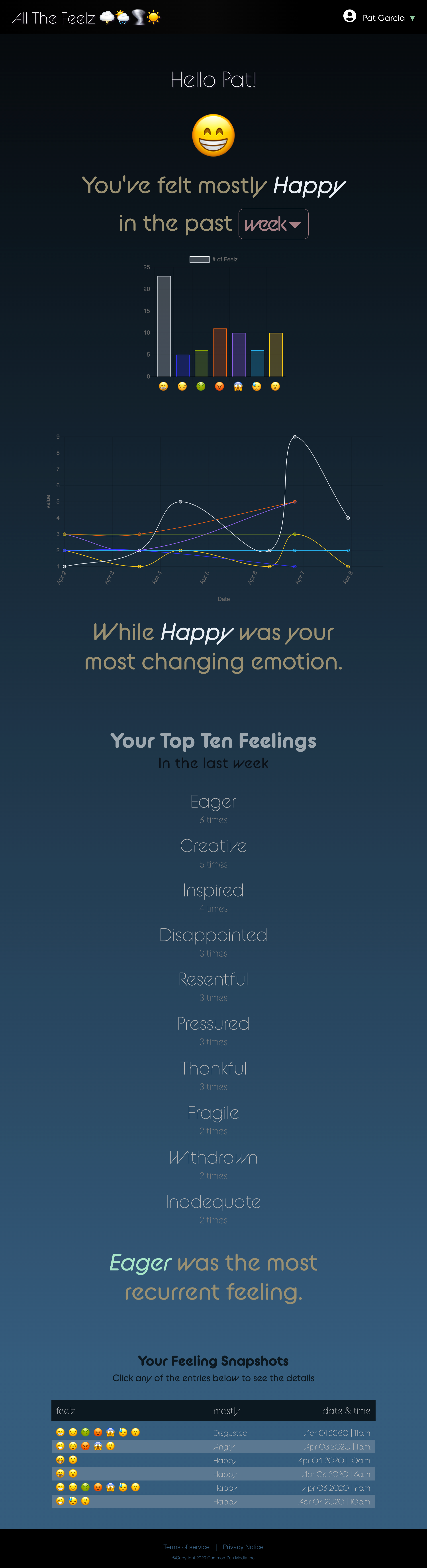 Image showing dashboard of all the feelz web application